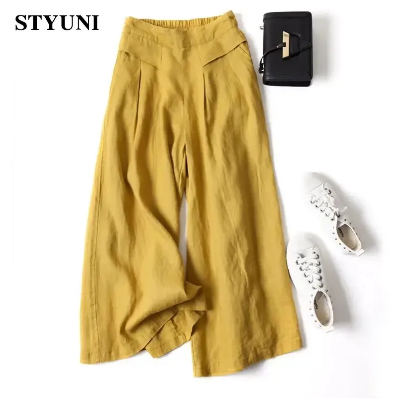 Capris Cotton Linen Dance Solid Wideleg Widleg Shin's Women's Pants 2022 Summer High Waist Corean Fashion Anklelength Pants for Women