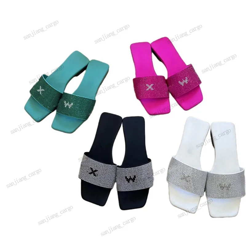 Women Designer slides glitter letter square toe slippers mens rhinestone flats mules sandles Velvet hook&loop adjustable slipper pool outdoor slides beach sandal