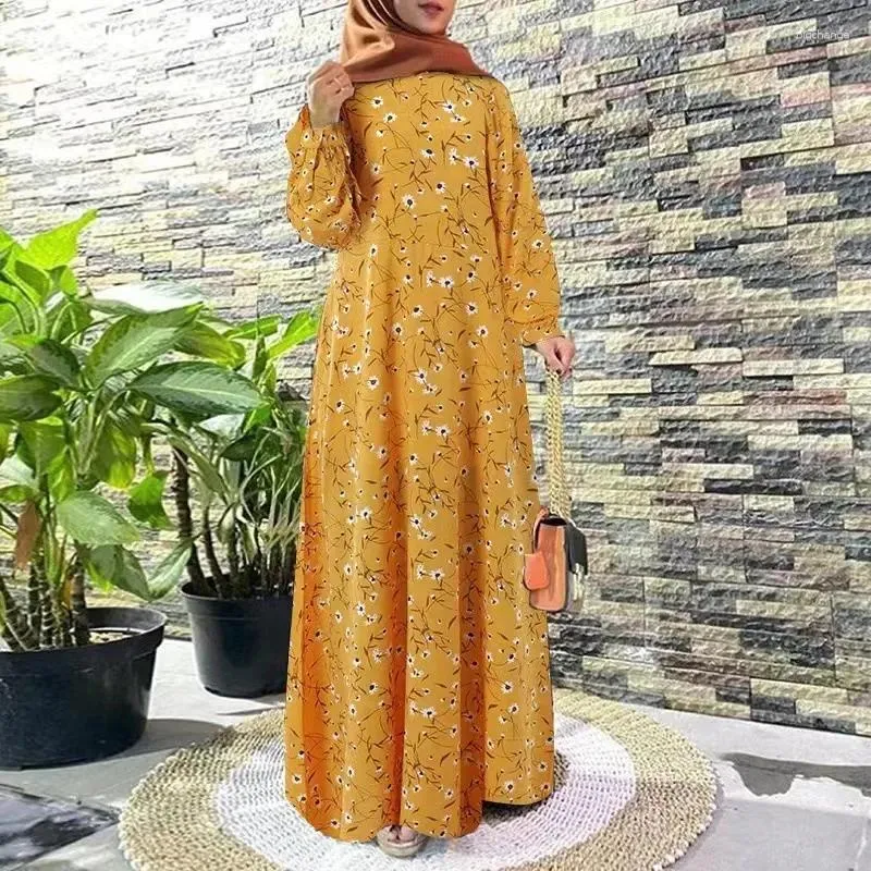 Ethnische Kleidung Frauen Truthahn Muslim Kleid O-Neck Maxi Robe Spring Fashion Party Vintage Kleider Langarm großer Größe Blumenabayas für