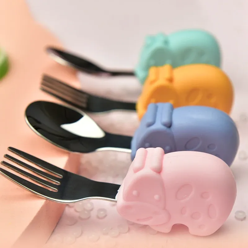 Matning Hippo Snail Whale Silicone Baby Spoon and Fork 316 Rostfritt stålredskap