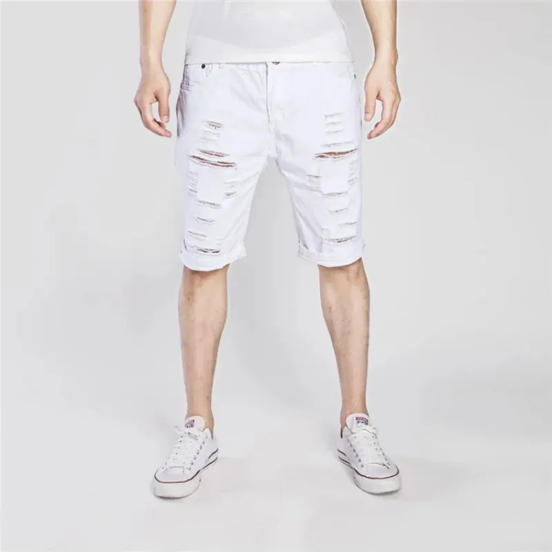 Plus size s-3xl Men shorts jeans casual moda vintage verão slim fit hole angusted ripped elástico 240422