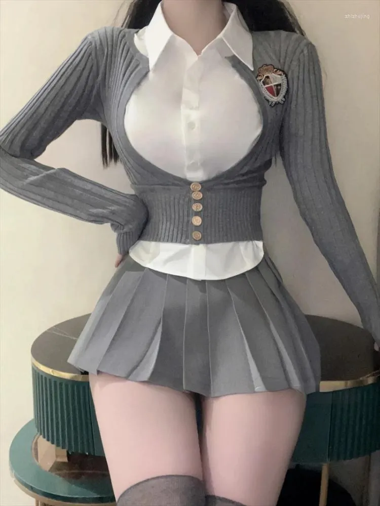 Skirts College Style Kawaii 3 Piece Set Women Korean Fashion Sweet Mini Skirt Suit Female Holiday Gray French Vintage Clothing 2024