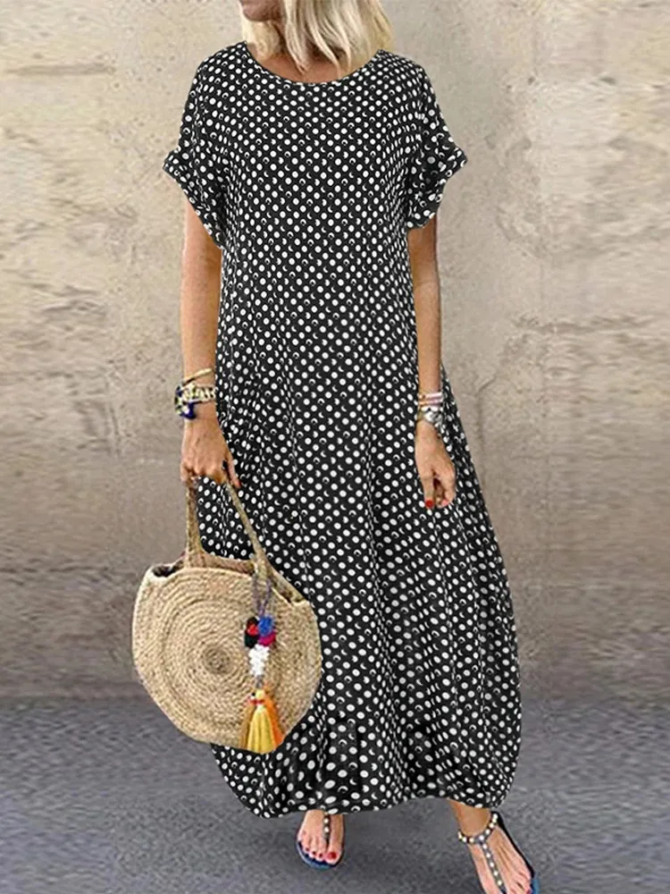 Bohemian Beach Maxi Dress Printed Summer Sundress ZANZEA 2023 Casual Polka Dot Baggy Sarafans Vestidos Robe 240418