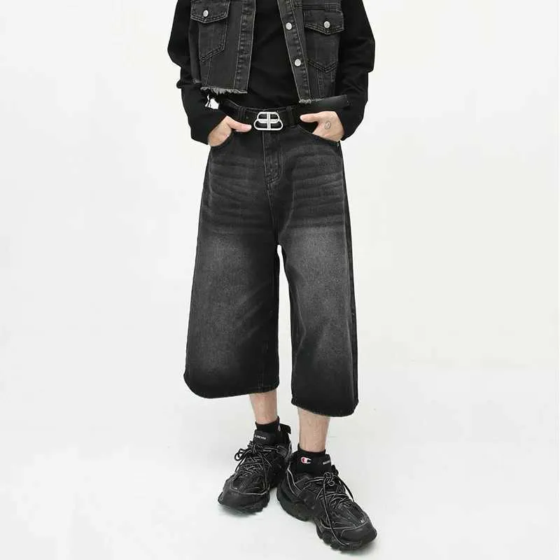 Mäns jeans herrar sommar baggy rak jeans koreanska mode lösa denim shorts man varumärke kläder ljus blå y2k hombre 240423