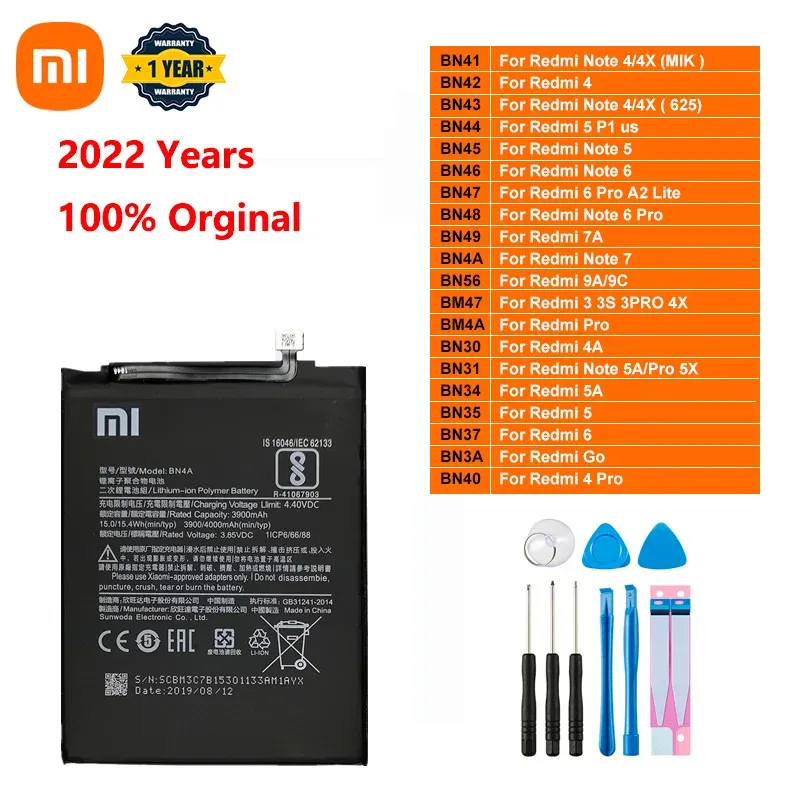 Leggings Xiaomi Phone Battery Redmi Hongmi Note 3 3S 4 4A 4X 5 5A 5X 6 7 7A GO 8 Pro Plus A2 Lite Bn41 BM4J BM47 Ersättningsbatterier