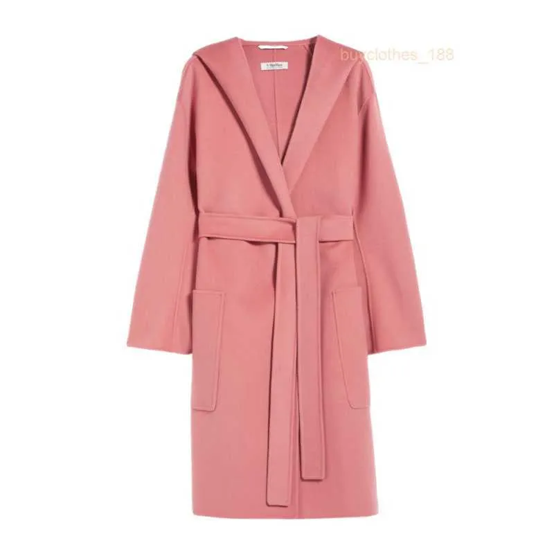 Designer Coats Cashmere Coats Luxury Coats Maxmaras Womens Pink Handsewn Shawl Collar Hooded With Belt Bathrobe Style Lace Up Mid Length Wool Coat