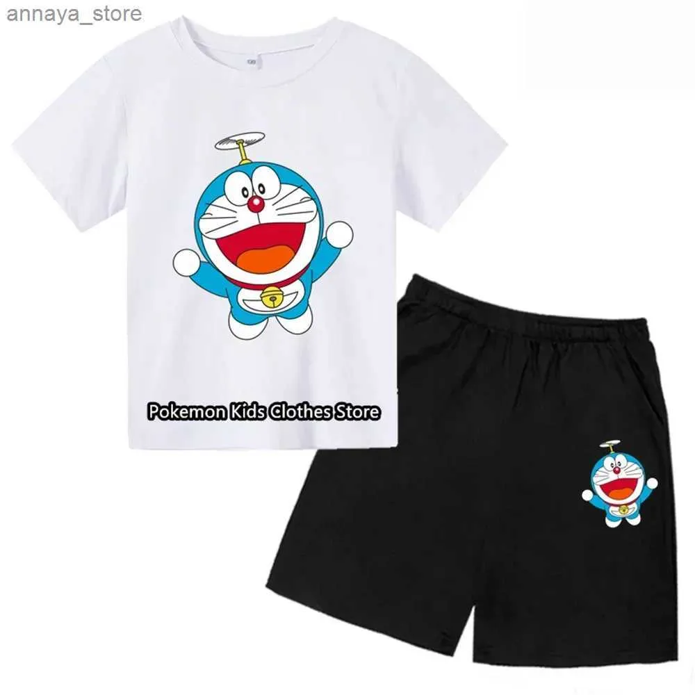 T-shirts Doraemons Tshirt Set Childrens T-shirt Shorts Summer Girl Boy New Short Sleeve Childrens Short Sleeve Medium Pant SuitL2404