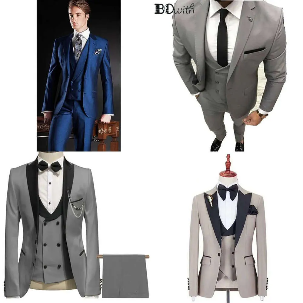 Grauer eleganter Anzug Prom Tuxedo Slim Fit 3 Stück (Jacke+Weste+Hose) Bräutigam Hochzeitsanzüge für Männer Custom Blazer 201105 s