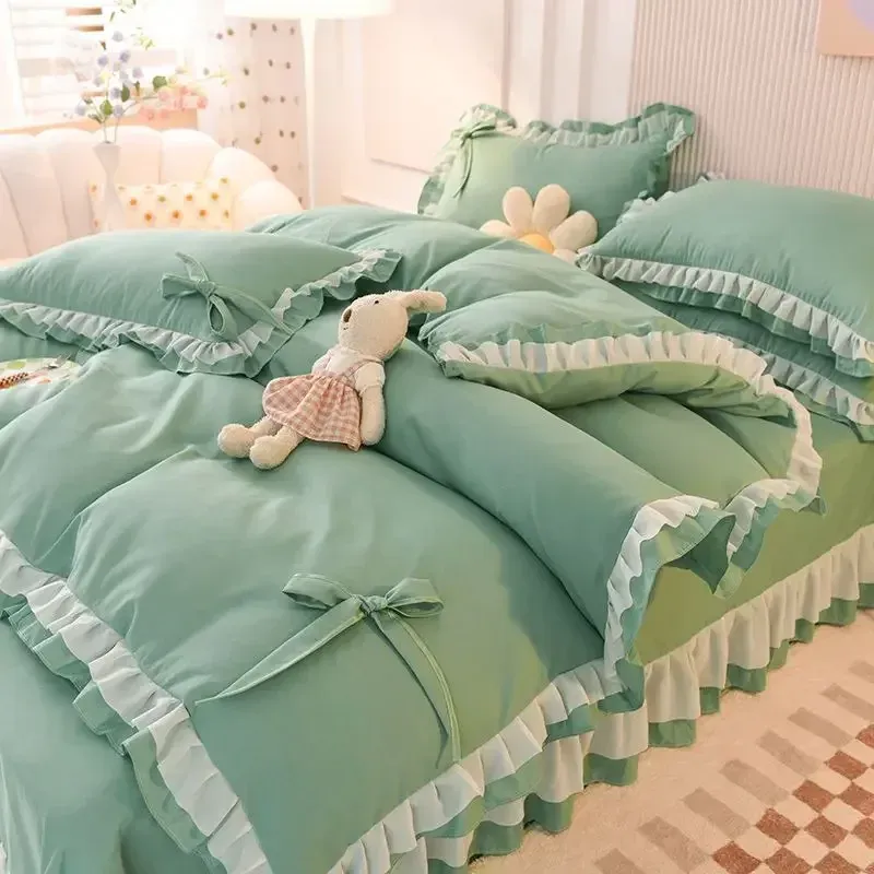sets Pink Lace Ruffle Bowknot Duvet Cover Bed Skirt Linens Pillowcases Luxury Bedding Set For Girls Woman Decor Home