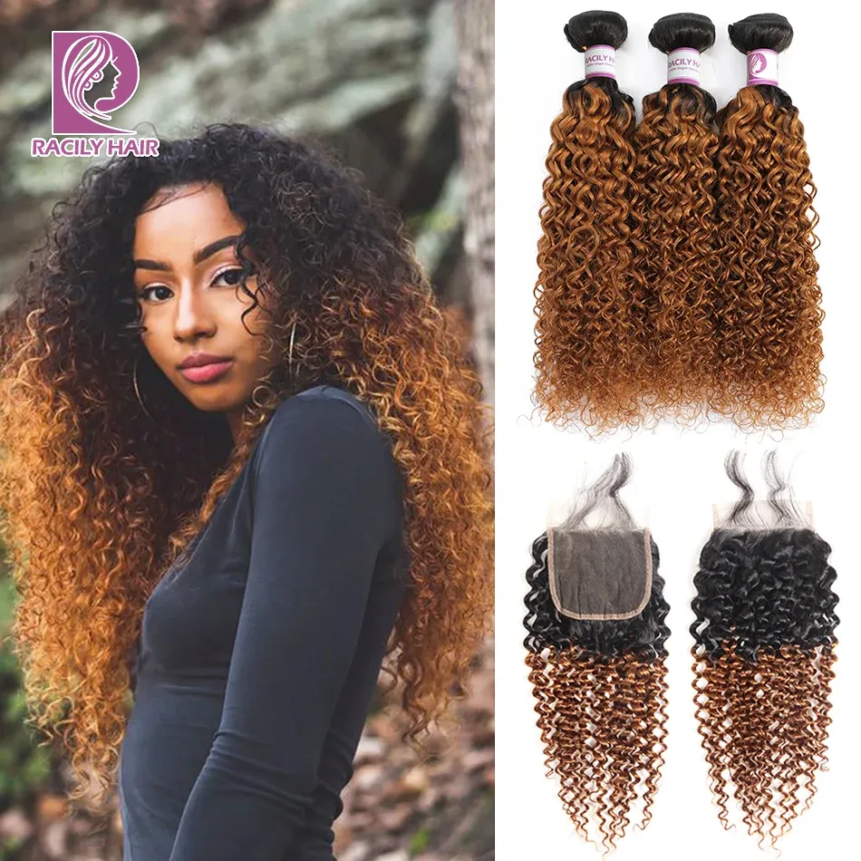 Pruiken racily haar ombre Braziliaanse kinky krullende bundels met sluiting remy menselijk haar 3/4 bundels met sluiting 1B/30 bundels met sluiting