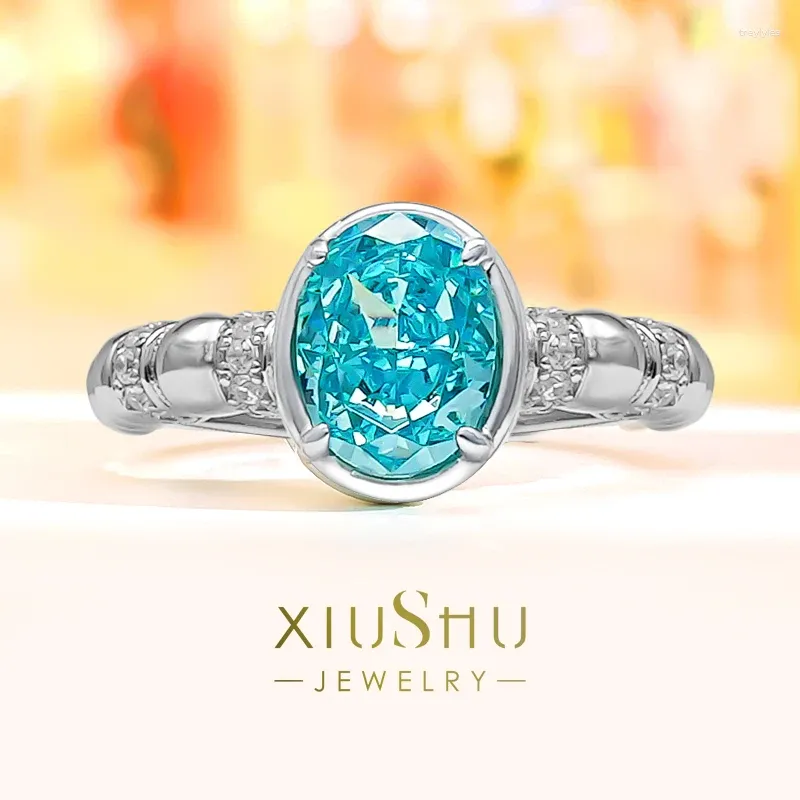 Clusterringe modisch und Luxus 925 Sterling Silber Diamonds mit Meerblauer Schatz Reddin Broken Cut Ring Ei Hochzeit Schmuck