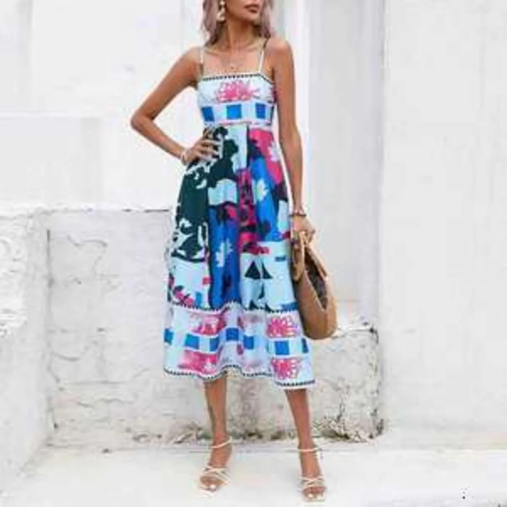 Women's Floral Print Sleeveless Summer Dress: Casual Party High-Waist Maxi with Hanging Straps- Picture 4 Of 8