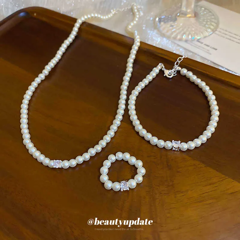 Armband halsband zirkon geometrisk pärlhalsband armband ring set med minimalistisk design pärlstav krage kedja franska smycken