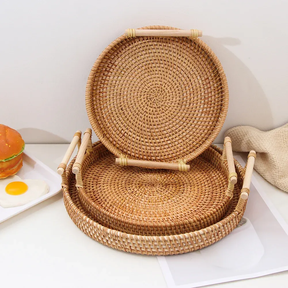 Baskets Rattan Handwoven Round Serving Tray Food Storage Plate With Wooden Handles Wicker Basket Wooden Tray For Fruit Breadbasket