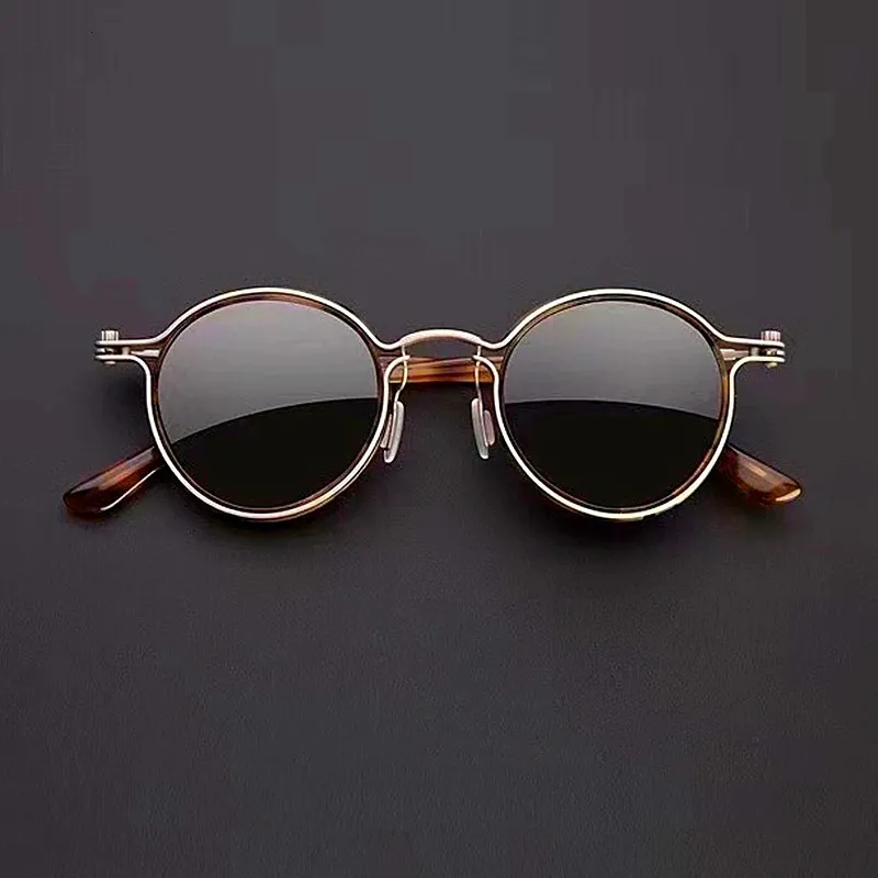 Óculos de sol redondos pequenos de titaniumacetato de titaniumacetato exclusivos de design oco de incrustações de lente polarizada de qualidade original Mulheres homens 240410