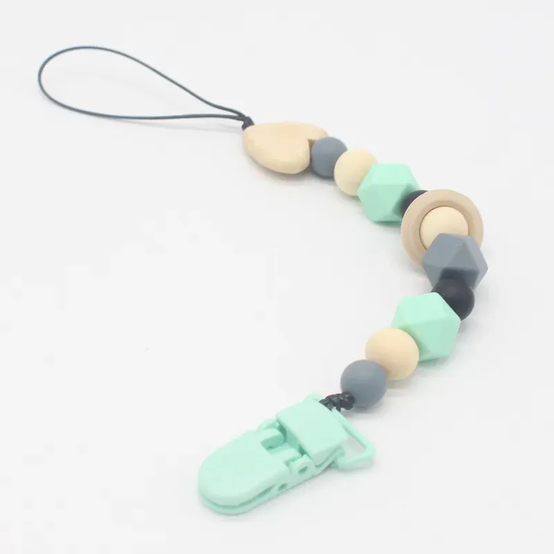 Silicone and Wooden Beads Dummy Clip Holder Cute Pacifier Clips Soother Chains Baby Teething Toy for Baby Chew