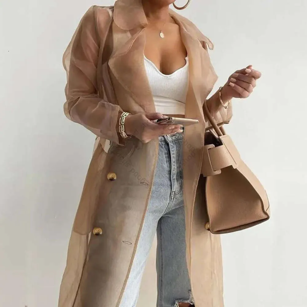 Women's Jackets Women Organza See Though Sunscreen Long Sleeve Trench Summer Autumn Fashion Double Breasted Coat With Belted Tops Outwear 766