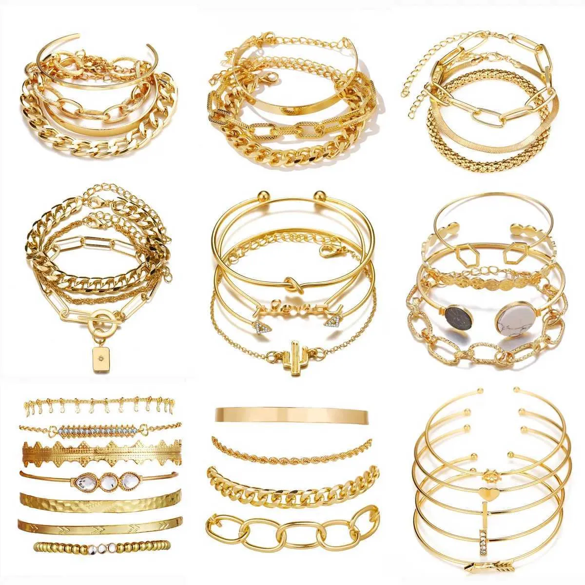 Bracelet de chaîne de métal bohème perlé ensemble pour les femmes Géométrique Gold Couleur épaisse chaîne de liaison ouverte Brangle Femelle Bijoux de mode 240423
