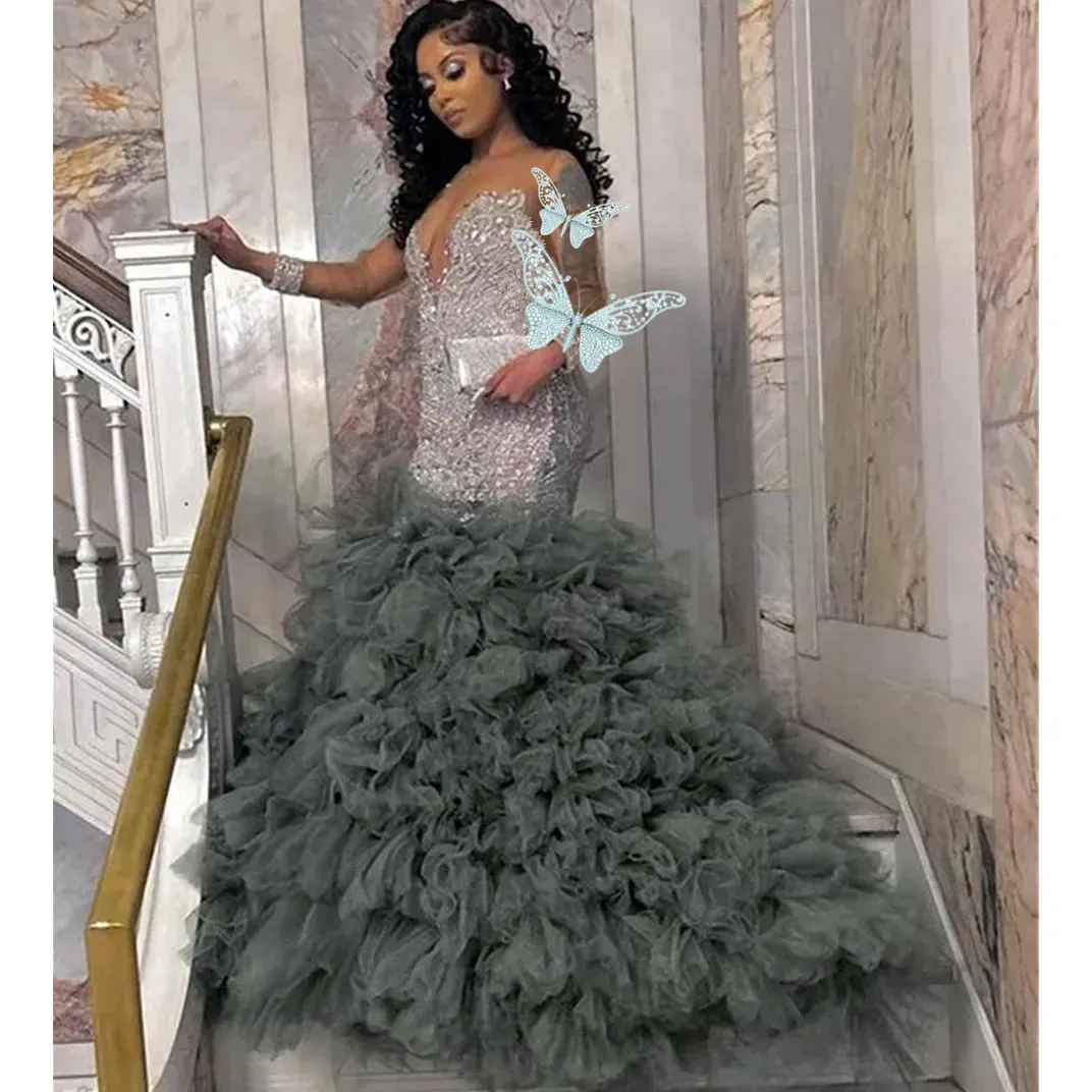 Silver Mermaid Prom Dress Mermaid 2024 Long Sleeves Beads Ruffles African Evening Party Dresses Vestidos Gala