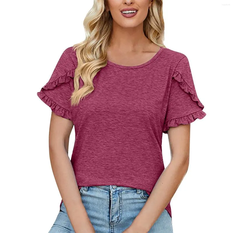 Kvinnors T-skjortor Spring and Summer Round Neck Petal Sleeve skarvad fast färg T-shirt Loose Top Women Fashion Blus 2024 Skjorta för