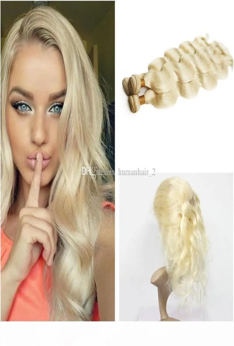 Blonde Human Hair Weaves With 360 Full Lace Band Frontal Brazilian 613 Platinum Blonde Body Wave 3Bundles With 360 Lace Frontal C2038077