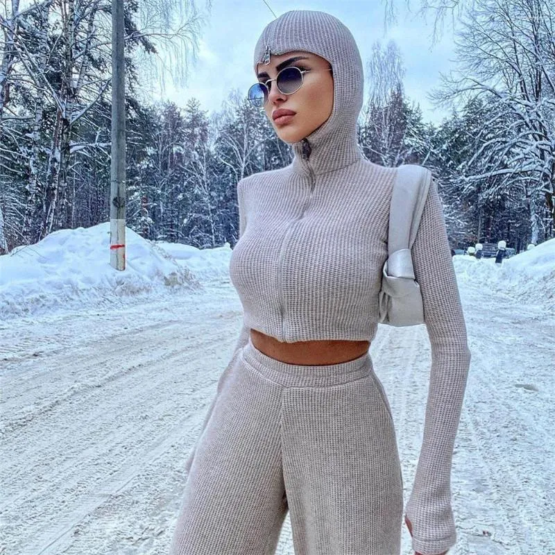 Women's Two Piece Pants Women Woolen Long-Sleeved Hooded Zipper Top Straight Loose Slimming Mopping Casual Sets