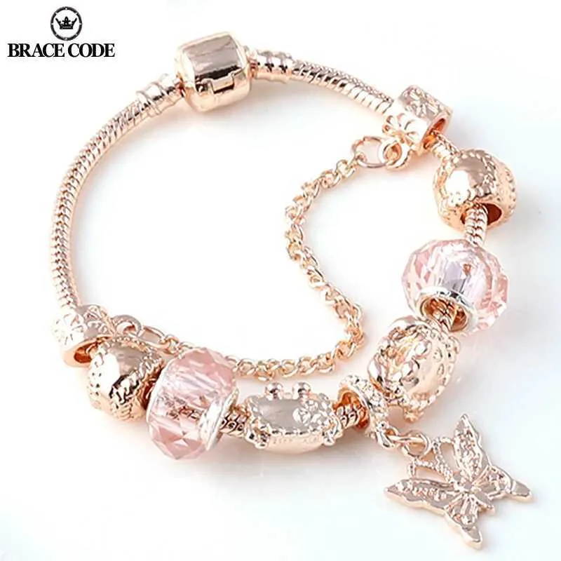 Beaded Brace Code Rose Golden Butterfly Charm Armband med en kronpärlor Passar Fine Armband Women Party Jewelry Dropshipping 240423