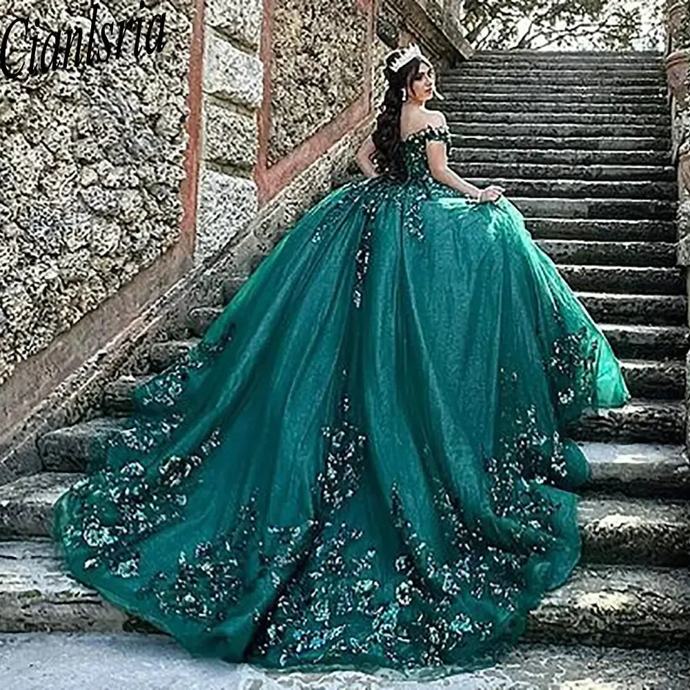 Emerald Green 3D Fiori 3D perline Crystal Quinceanera Abito da ballo Appliques Pace Princess Sweet 15 16 Birthday