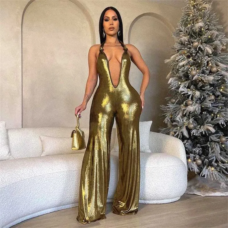 Women's Jumpsuits Rompers BUILDINGB Dp V Collar Hollow Out Sparkling Sexy Solid Color Gold Fared Jumpsuit Knot Halter Backless Strt Wear Jumpsuit Y240425