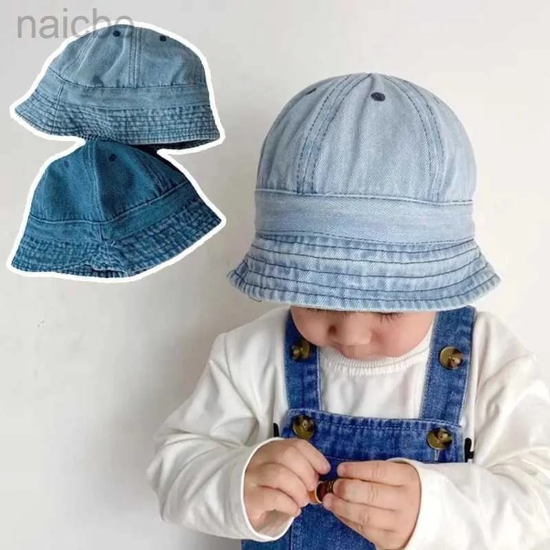 Caps hoeden mode baby gewassen denim solide vintag emmer hoeden peuter lente zomer herfst panama panama kids visser cap hoed voor pasgeboren outfit d240425