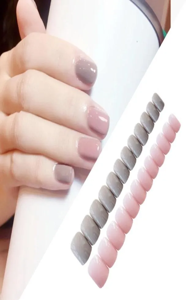 24Pcsset Cute Sweet Light Gray Powder Jumping Square Head Solid Color Fake Nails Finished Fingernails Nail Art False Nails Tips5289485