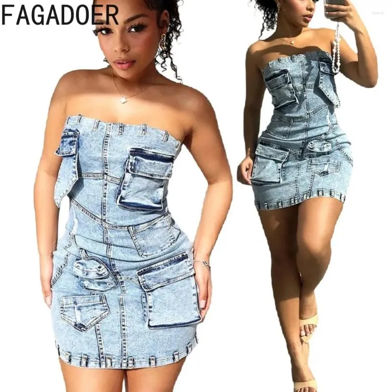 Lässige Kleider Fagadoer Fashion Cargo Tasche Y2K Vintage Denim Streetwear Frauen aus Schulter ärmellosen Rückenfreies Mini -Kleid sexy Slim