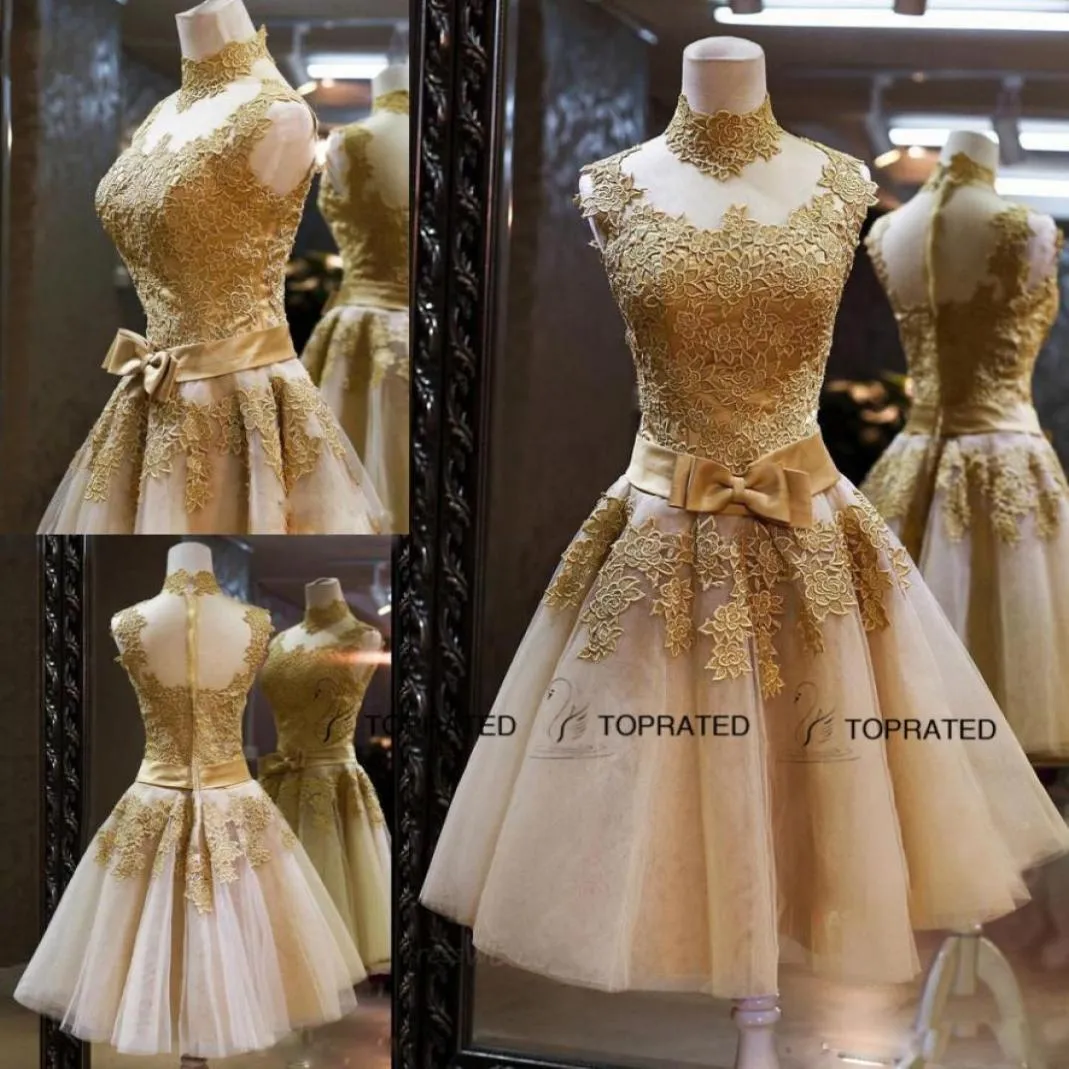 Prom Dresses Cocktail Pageant Graduation Gown With High Neck Sheer Back Gold Lace Appliqued Organza Short Bow Sash Real Image1132083