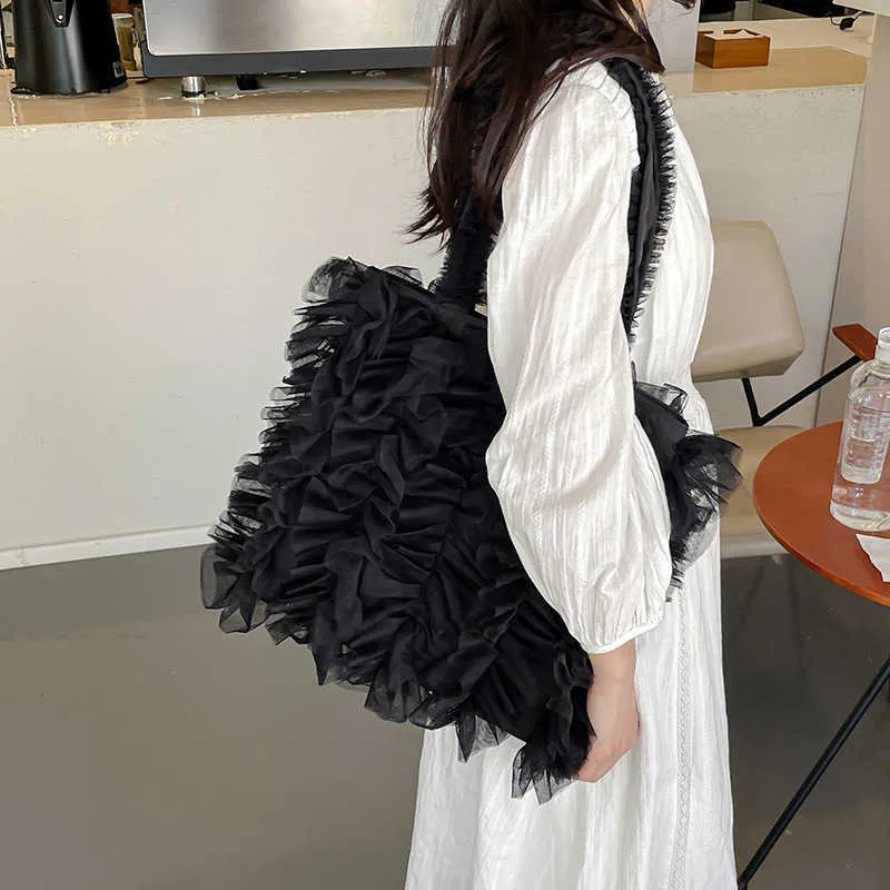 Womens Shoulder Bag Lace Soft Yarn With Pleated Skirt Edge And