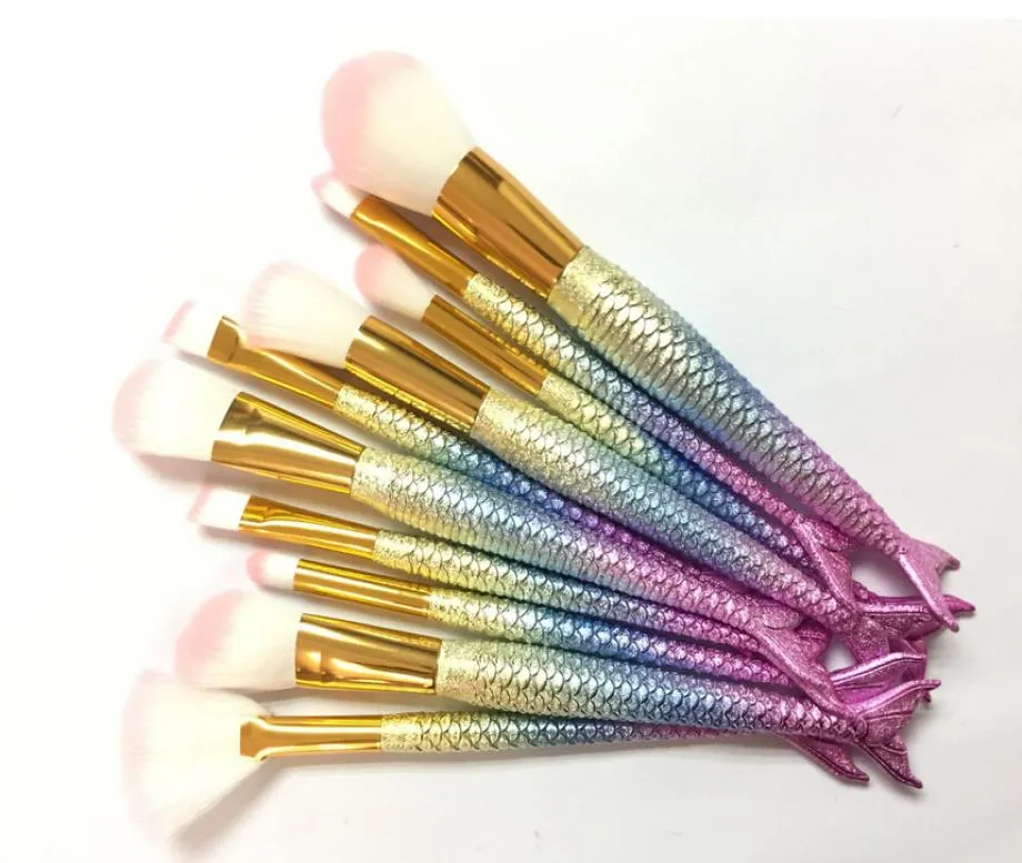 1lot 10pcs MERMAID BRUSH Makeup Brushes Sets 3D Colorful Professional Make Up Brushes Foundation Blush Cosmetic Brush Set Kit Too6682524