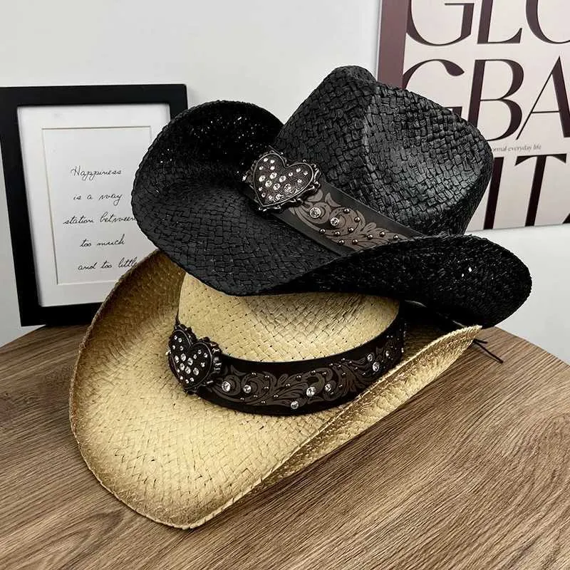 Chapéus de aba larga chapéus de caçamba oeste de capa de cowboy feminino moda ampla festa de festa strass shinestone Belt cinturão ao ar livre gradiente de jazz chapéu de praia chapéu de praia y240425