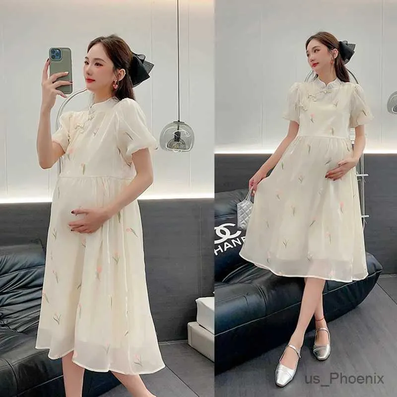Robes de maternité 2024 Été plus taille enceinte femme enceinte Cheongsam Puff Sleeve mode maternité de mode de mode