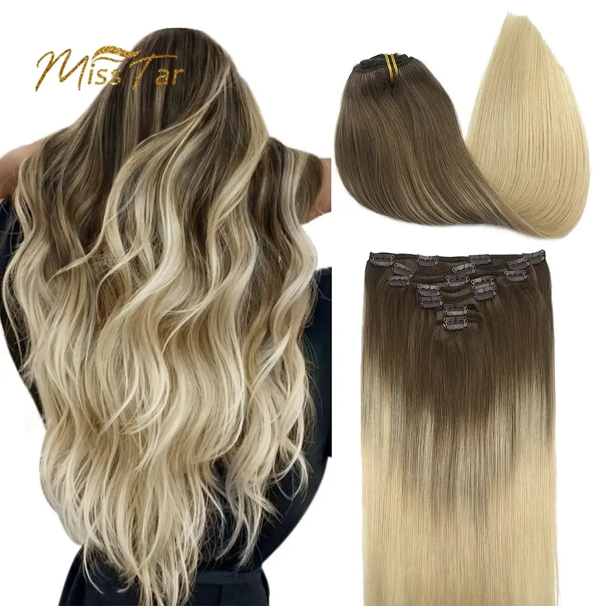 Extensions Clip In Hair Extensions Human Hair Ombre Golden Blonde Balayage Invisible 7pcs/set Machine Remy Straight Natural Clipon 120G