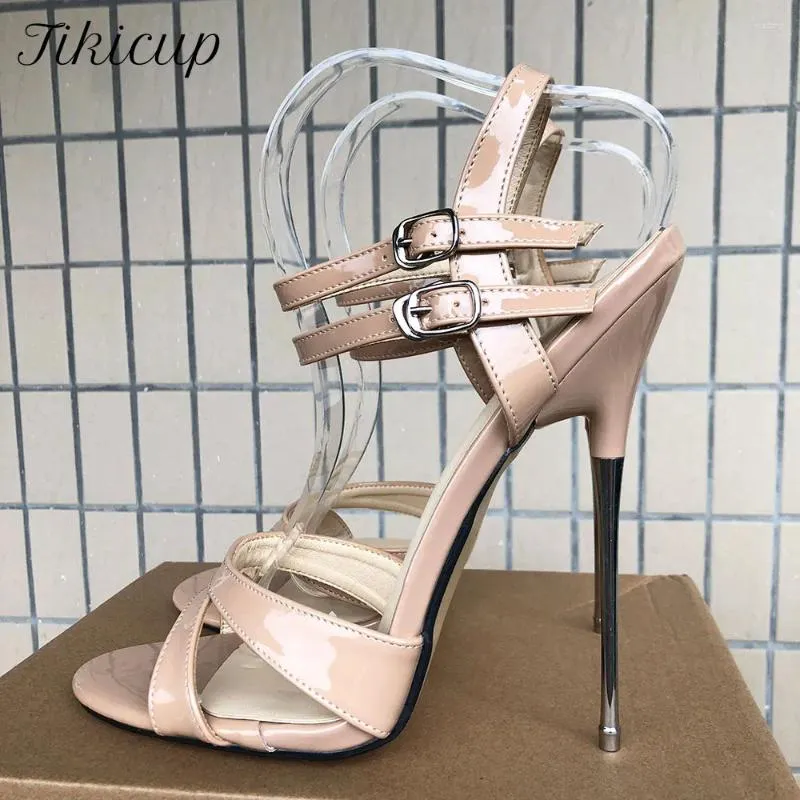 Dress Shoes Tikicup 16cm High Heel Summer Women Nude Gladiator Sandals Pumps Sexy Stable Metal Stilettos Big Size 35-46 For Wide Leg