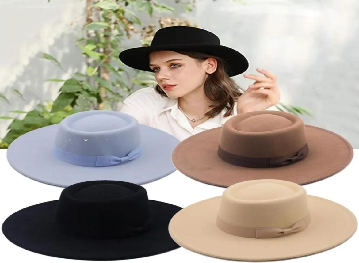 Chapéus de aba magro 2021 Fedora de inverno Fedoras for Women Fashion Bowknot Wide Wide Felt Jazz Top Cap Bucket Hat5299687