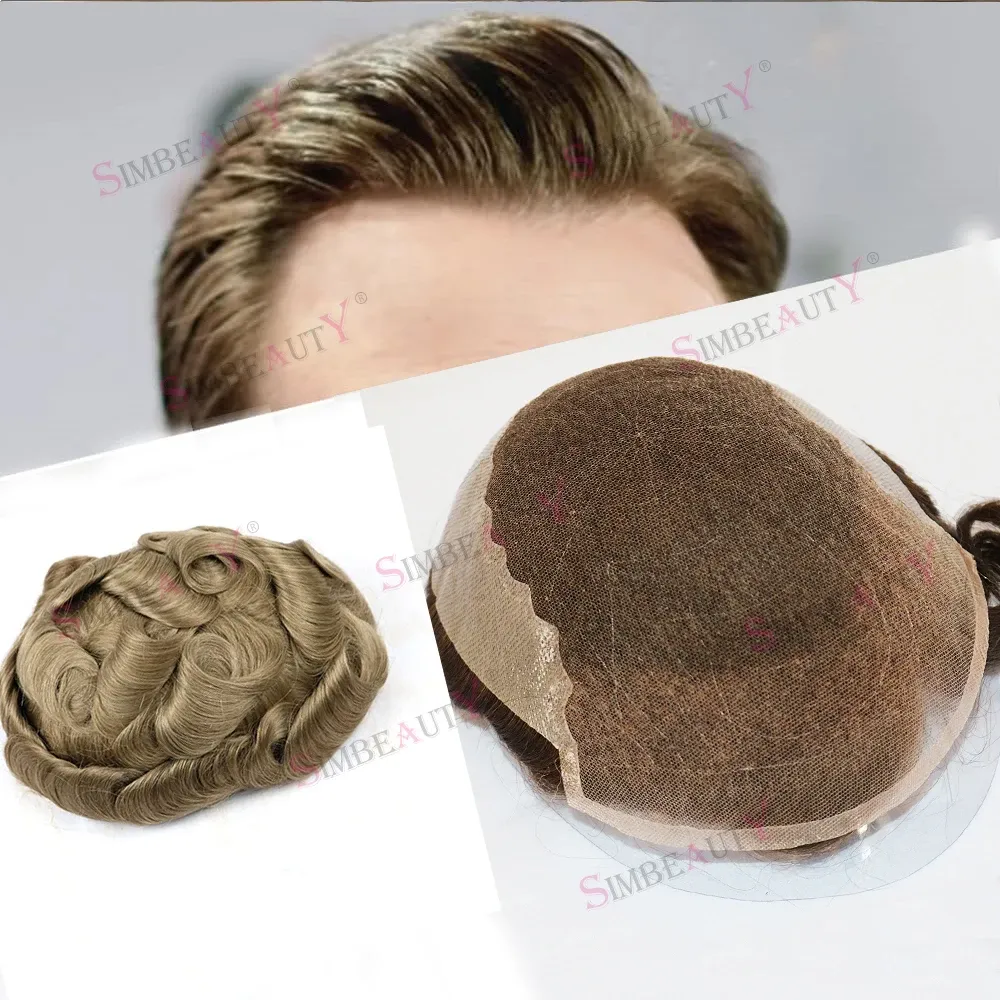 Toupees natürlicher Haaransatz Asche Blonde langlebige Q6 Toupee für Männer atmungsaktive Spitze Dünne Haut PU -Basis Männer Toupe Human Hair System Prothese Prothese