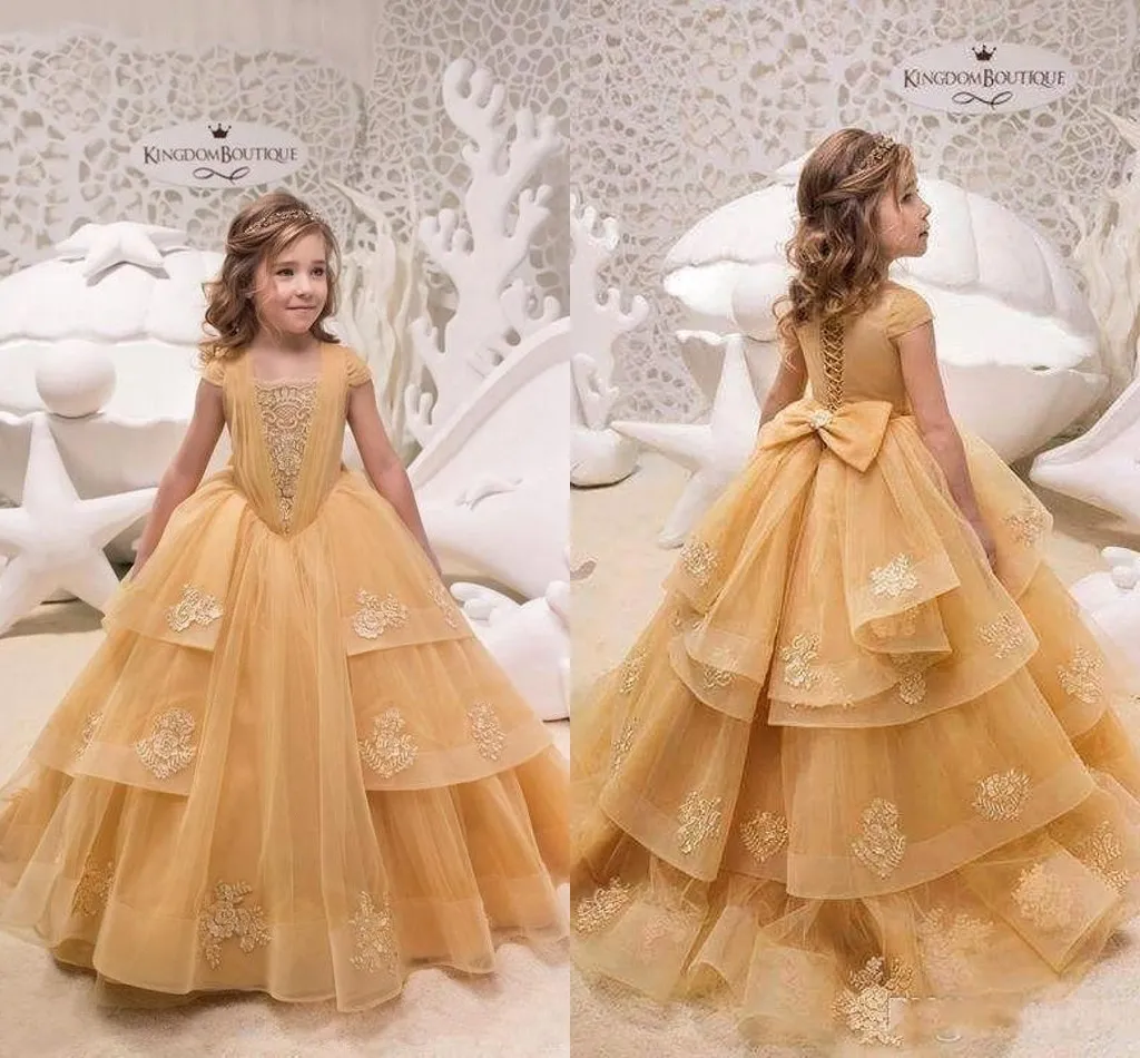 Princess Gold Flower Girl Dresses Cap Short Sleeves A Line Appliques Beads Tier Ruffles Girl Pageant Gowns With Bow Sash Croset Back Teens Birthday Party Wears BC1870