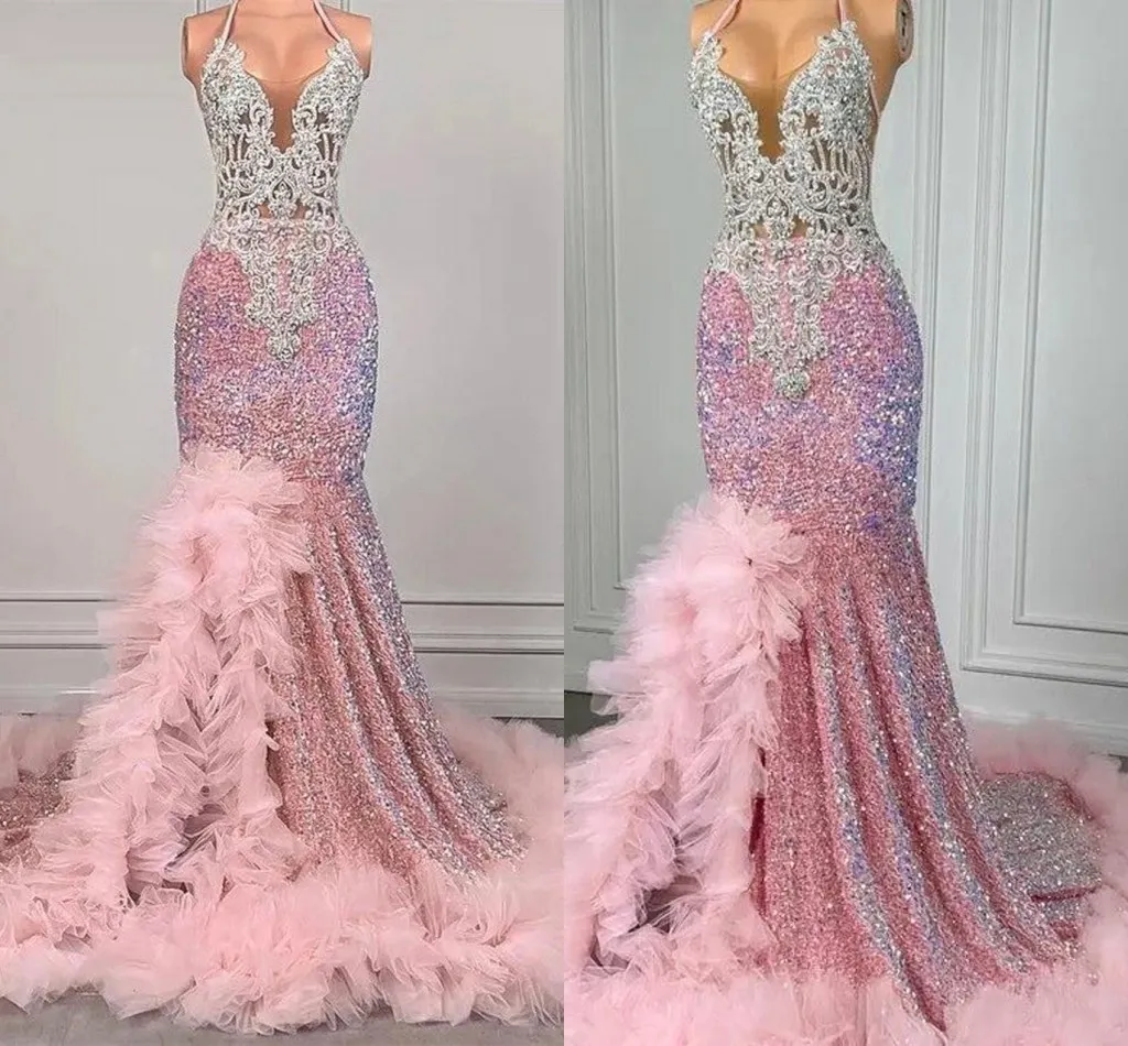 Stunning Pink Mermaid Prom Dresses For 2024 African Girls Party Evening Gowns Sexy Halter Neck Beads Crystals Appliqued Women Dress With Front Split BC18708