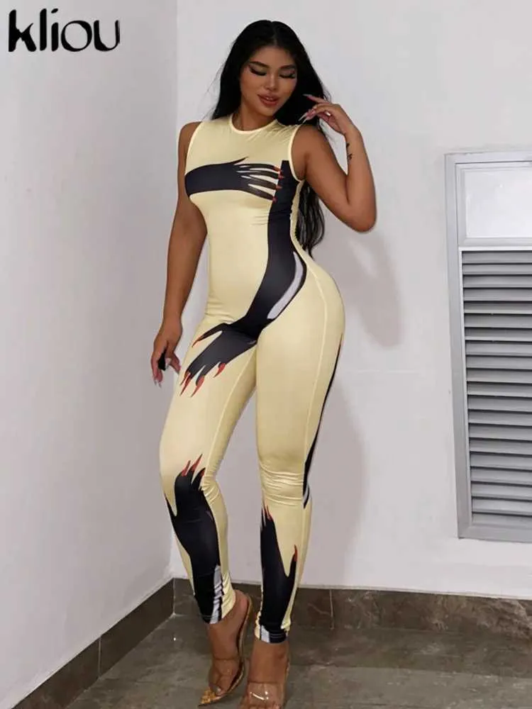 Women's Jumpsuits Rompers Kliou Trendy Hug Print Skinny Jumpsuit Women Casual Crew Neck Slveless Body-shaping Romper Ladies Daily Strtwear Overall Y240425