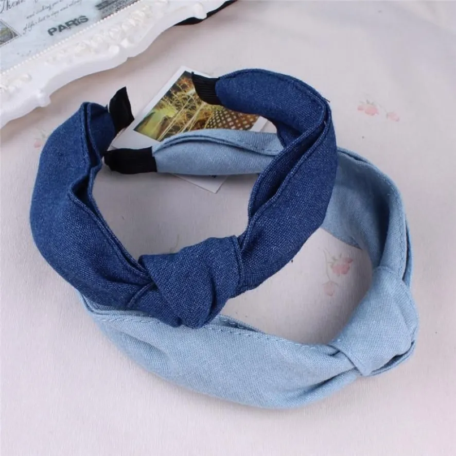 Hår tillbehör flickor pannband denim fritid bowknot pannband med solida koreanska jeans blå bågar band kvinnor barrette300n