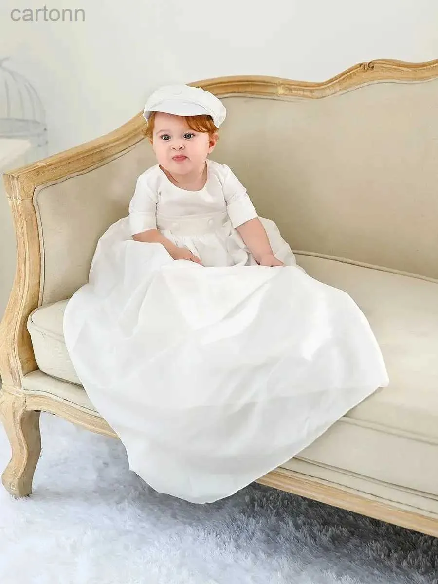 Robes de fille solide fille garçon robe longue baptême de bébé baptême vêtements avec chapeau 0-2 ans d240425