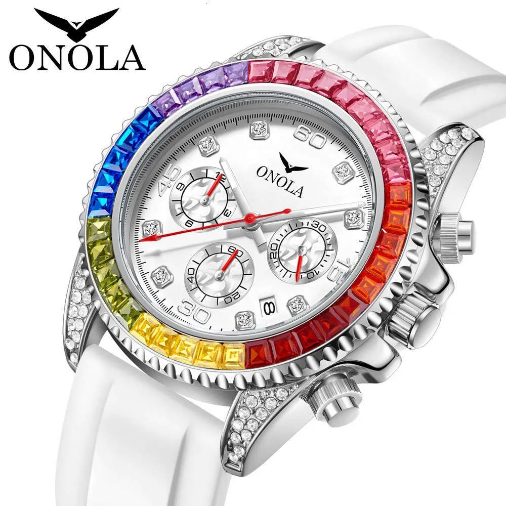 Onola 2024 Fashion Business Gold Watch waterdichte Silicone Tape Rainbow Di Watch Men's New Watch