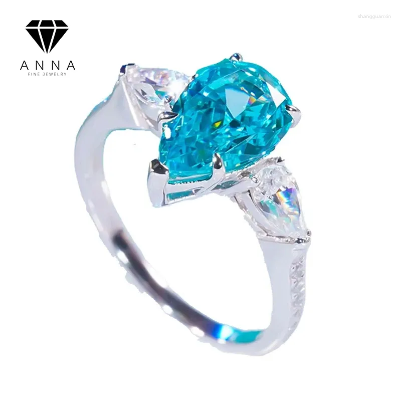 Anillos de racimo Agua azul Drop de Zirconia Cúbica Sapphire 925 Anillo de plata esterlina para mujeres Joyas de banquete de moda de boda de lujo