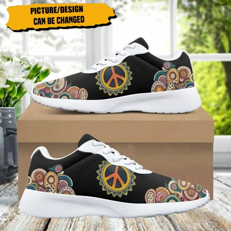 Sapatos casuais moda paz amor mandala padrão tênis feminino designer de marca unissex respirável correndo para a ginástica ao ar livre atlética