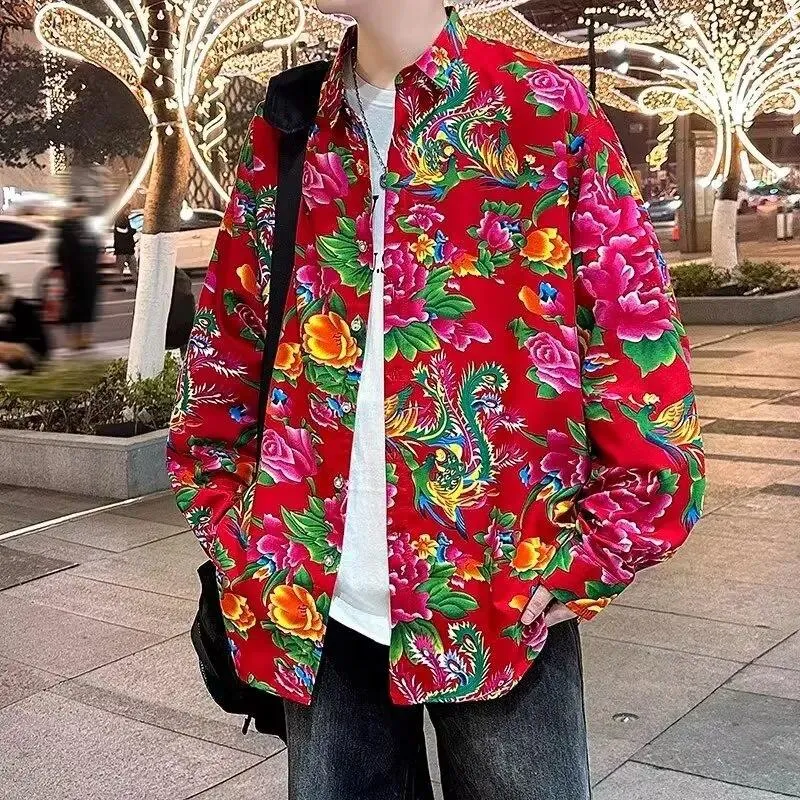 Męskie koszule męskie koszula Męskie Koszula z długim rękawem wiosna jesień chiński w stylu Chiński Wysokiej kwiecistej kurtki Comfy Bluzka Młodzieżowa marka młodzieżowa